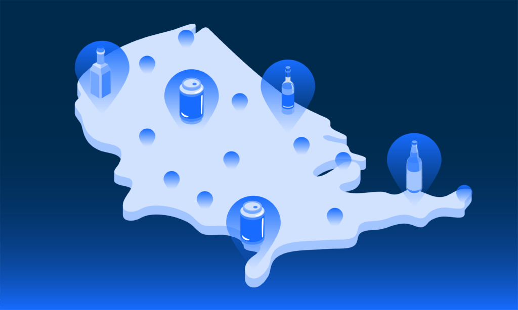 A map with alcohol icons demonstrating EFT for wholesale transactions.